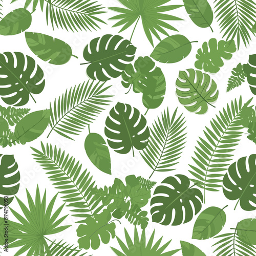 A dense, repeating pattern of various green tropical leaves on a white background