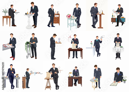 A collection of eighteen illustrations depicting a dapper man in formal suits signing documents and posing in various elegant indoor settings.