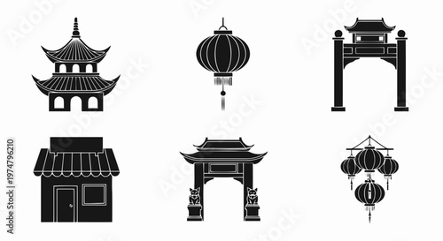 Vector illustration of set of chinese traditional architecture and symbols on a transparent background