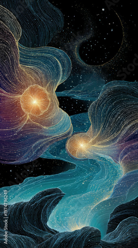 Artistic kidney anatomy with flowing ocean waves and golden glow, conceptual nephrology illustration ideal for healthcare branding, educational posters, and modern medical design