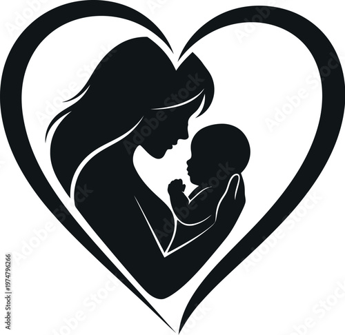 Silhouette of a loving mother gently holding her precious newborn baby close, tenderly surrounded by a beautiful heart shape, symbolizing deep maternal bond and endless affection.