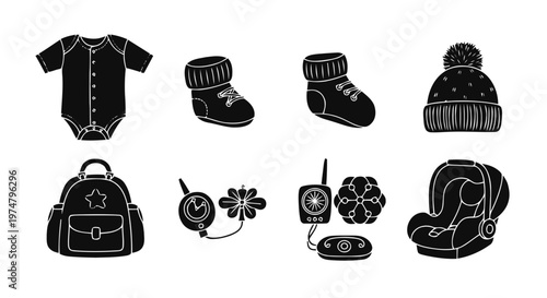 Vector illustration of set of baby accessories icons, baby clothes, shoes, hat, backpack, monitor on a transparent background