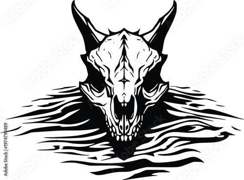 Mysterious skull emerging from dark, swirling waters with menacing horns