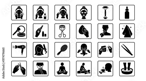A set of silhouette icons depicting various beauty and wellness activities in a modern spa environment.
