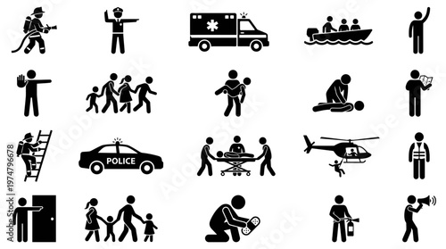 Emergency response icon set with silhouette figures providing aid and assistance