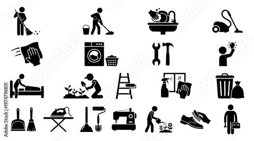 A set of silhouette icons depicting household chores and cleaning activities.