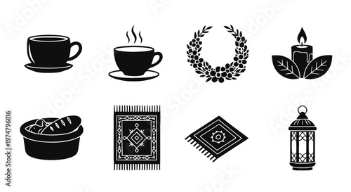 Vector illustration of set of cozy home icons including coffee cups, floral wreath, candle, lantern on a transparent background