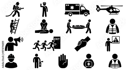 Emergency response team silhouette icon set for medical and rescue operations.