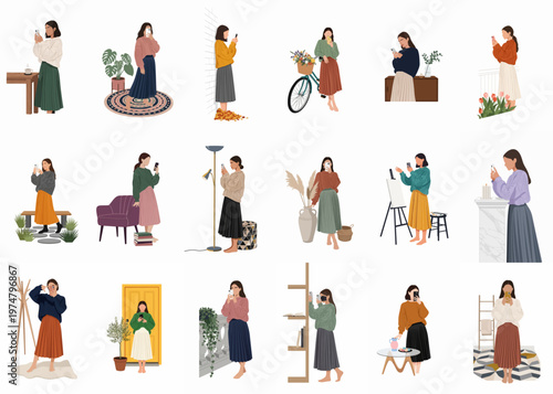 A diverse collection of eighteen illustrations showing women in various settings taking photos or selfies with their smartphones, wearing stylish sweaters and pleated skirts.