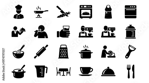 A set of black silhouette icons depicting various food and drink items with utensils and people