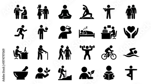 A set of silhouette icons depicting people engaging in various activities and hobbies.