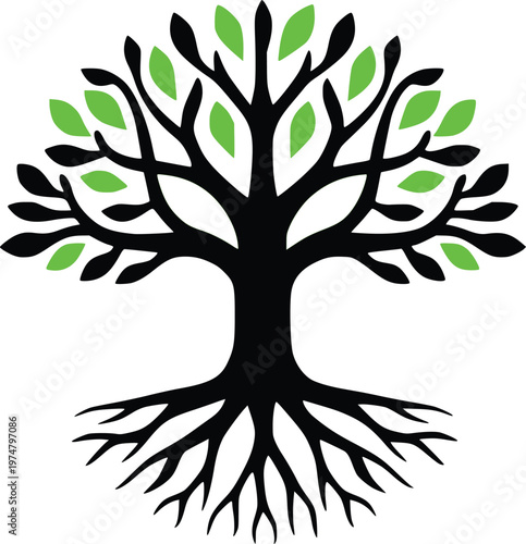 A stylized tree with visible roots and green leaves representing nature and growth