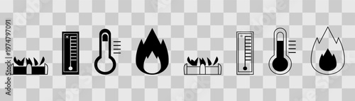 Temperature icon. heat. Thermometer icon. Gas disc icon. Fire icon. On transparent background.