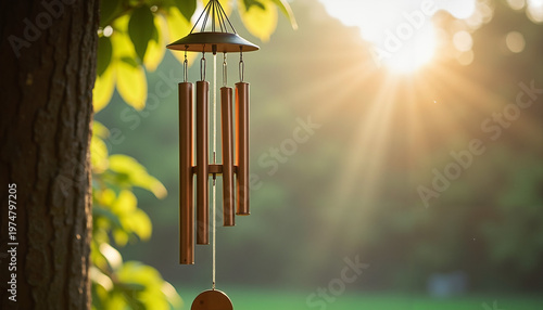 Wind chimes hanging peacefully in the golden sunlight against a green background
