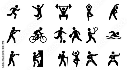 A set of silhouette icons depicting various sports activities and exercises in a graphic illustration.