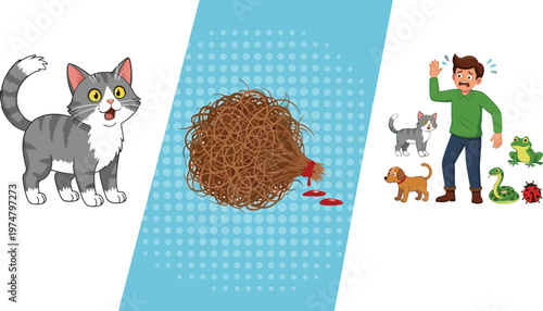Cute cat with tangled yarn ball and scared man reacting to animals cartoon vector illustration showing playful pet chaos and humorous situation