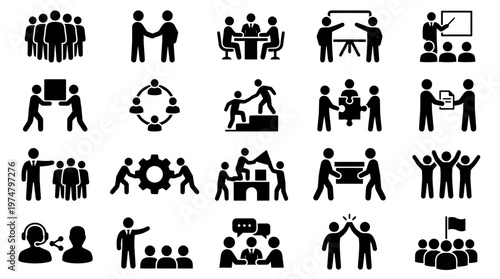 A set of business icons featuring silhouette people in various teamwork and collaboration scenes.