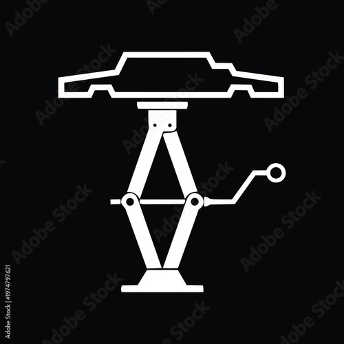 Solid White Silhouette Fully Extended Scissor Jack with Crank Lifting Car Vector Icon 