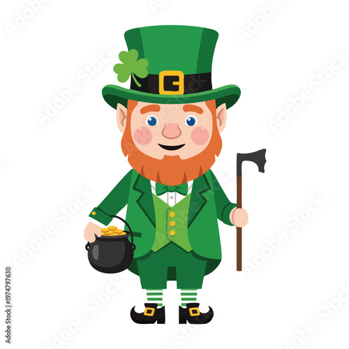 Smiling leprechaun in green suit with hat, holding pot of gold and axe