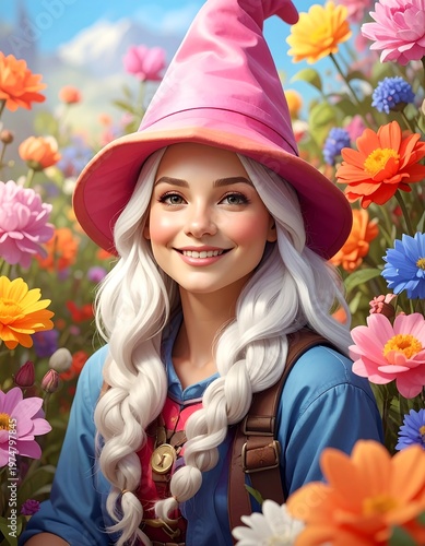 A smiling woman with white braided hair, wearing a pink witch hat, surrounded by colorful flowers in a vibrant field