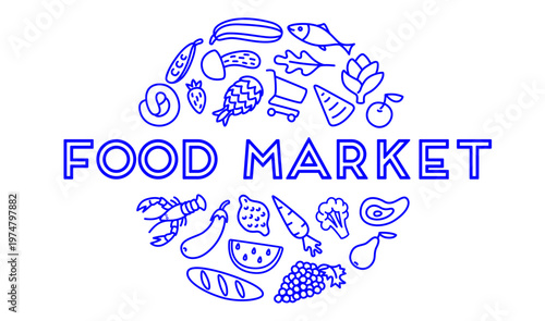 Fresh food market grocery symbol. Organic food grocery market identity, natural product grocery food market branding. Quality retail store collection, healthy nutrition set. Vector Illustration