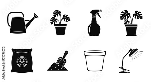 Vector illustration of set of gardening icons for indoor plant care and cultivation on a transparent background