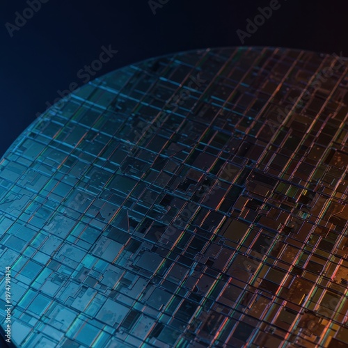 Iridescent patterns shine across this polished silicon wafer disk, representing advanced technology fabrication and electronic development, wafer, innovation, Silicon