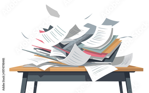 Papers are flying on a desk.