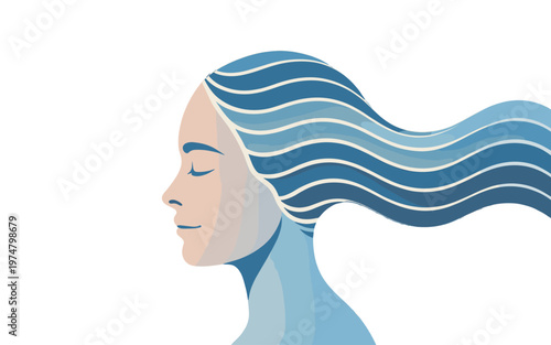 Serene illustration of a woman with long wavy blue hair and a peaceful expression.