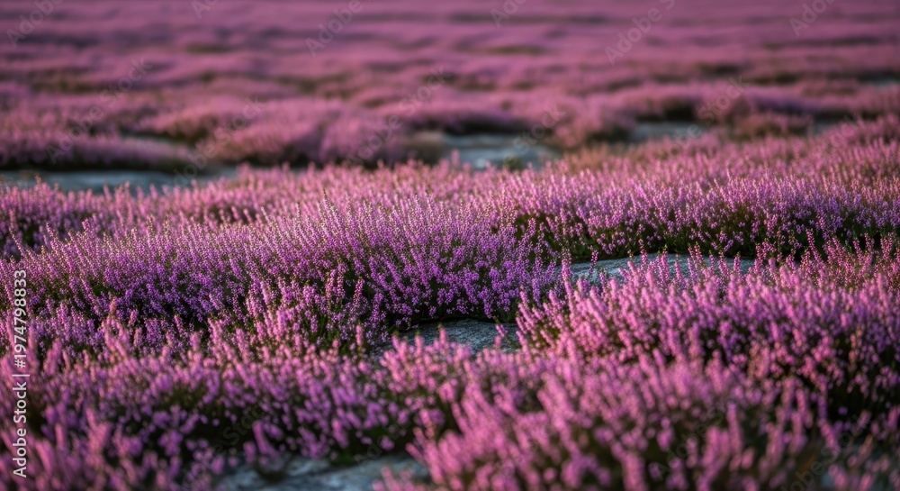 Obraz premium Vast expanse of lush, purple common heather blooming wildly across a rugged, natural landscape. Delicate blossoms cover the terrain, botany, outdoors, summer