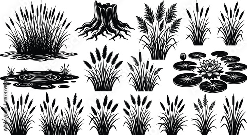 Black wetland plants, stump, and water lilies silhouette collection