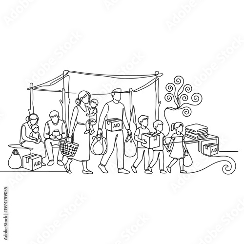 Humanitarian aid boxes, blankets, and tired civilians in a relief station, continuous one line drawing