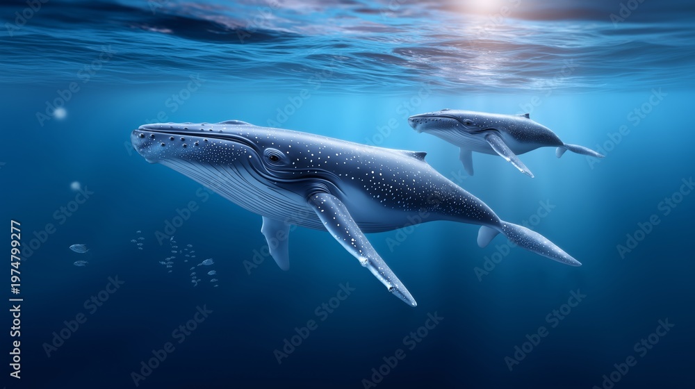 Fototapeta premium Mother whale and calf gently swimming side by side in calm ocean waters with soft lighting and emotional atmosphere