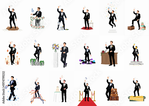 Collection of eighteen illustrations featuring a groom in a tuxedo in various celebratory wedding scenarios, tossing a ring or garter.