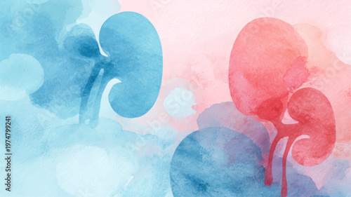 Soft watercolor kidney illustration with abstract pastel composition, medical website background ideal for nephrology awareness, healthcare education, and modern clinical design
