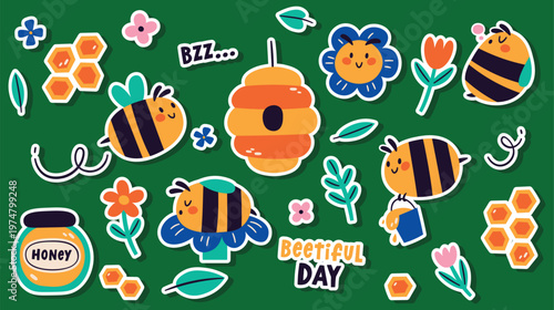 Cute bee sticker set with characters, hive, honey pot, flowers and combs. Vector illustration in hand drawn doodle style with white borders on dark green background. Fun summer nature design for kids.