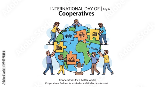 International Day of Cooperatives Global Puzzle Illustration – People Building World Together, Sustainability, Teamwork and Community Development Concept