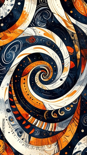 A spiraling abstract design featuring flowing shapes in indigo, orange, and white, with intricate details and a cosmic feel
