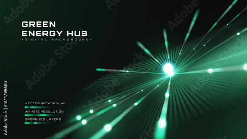 Abstract green energy hub background with digital data ray. Modern technology network system showing eco clean power core. Vector illustration.