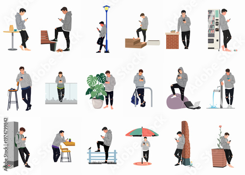 Vector illustration set featuring a young man in a grey hoodie using his smartphone in various everyday urban and outdoor settings.