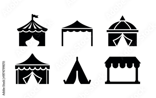 Event Tents, Festival Canopies and Camping Silhouette Icon Set - Vector Shelters