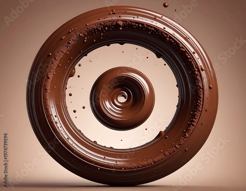 A smooth, circular swirl of rich brown liquid, suspended in the air. The inner circle has a detailed spiral design