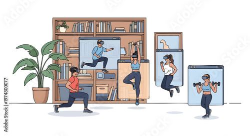 People exercising at home with smartphone and laptop