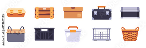 Set of storage container icons, toolbox, crate, basket, lunch box, shoe box, colorful collection with vector flat illustrations