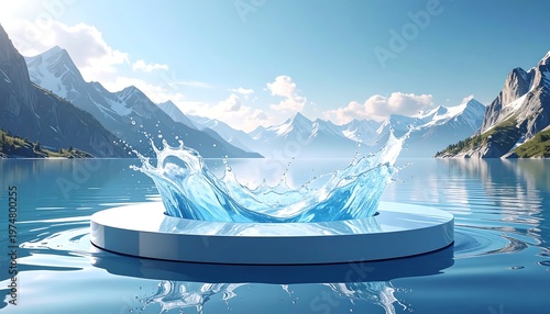A splash of clear water erupts from a floating platform on a tranquil lake, surrounded by snow-capped mountains