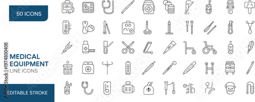 Medical equipment line icons set, healthcare tools collection, hospital devices symbols, diagnostic instruments, editable stroke vector illustration bundle