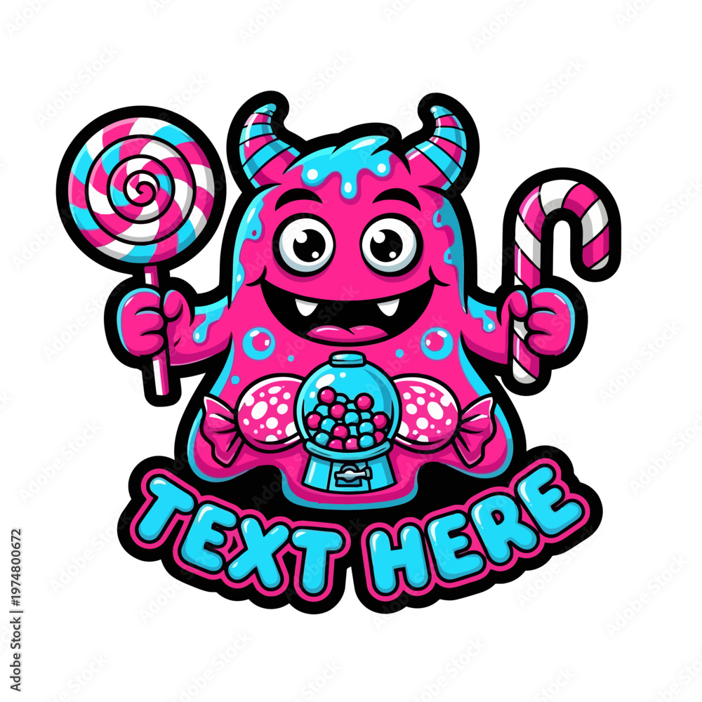 Fototapeta premium Pink cartoon monster holding candy.