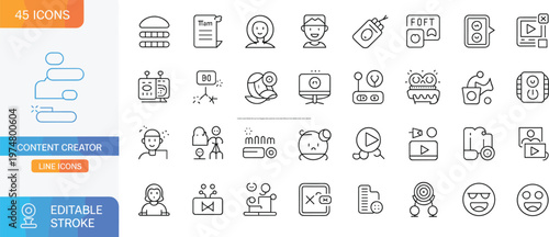 Content creator lifestyle line icons set, blogging video production social media influencer tools editable stroke vector collection
