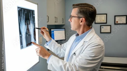Medical professional examining x ray in examination room