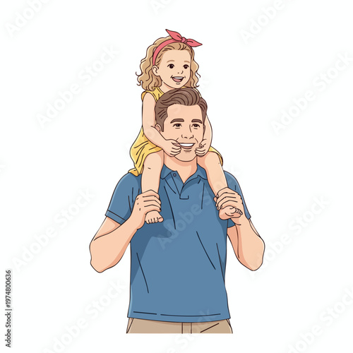 Father carries daughter on shoulders, she wears yellow dress, red headband
